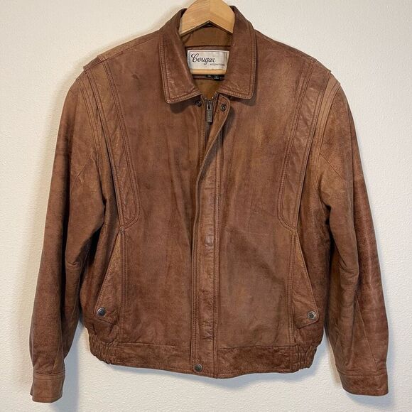 Vintage Cougar International Faded/Distressed Tan Leather Jacket Size XL - Picture 1 of 10